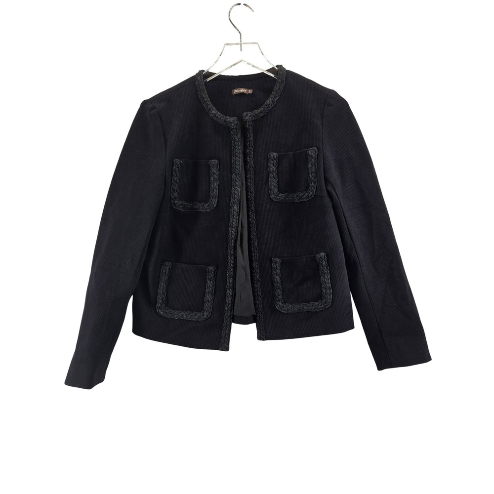 J.McLaughlin Black Corduroy Braided Trim Open Front Jacket Size S Professional